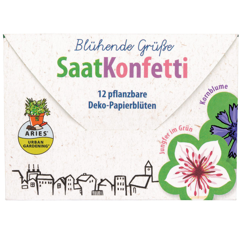 Bio-Saatkonfetti als bunte Papierblüten mit Bio-Blumen-Saatgutmischung