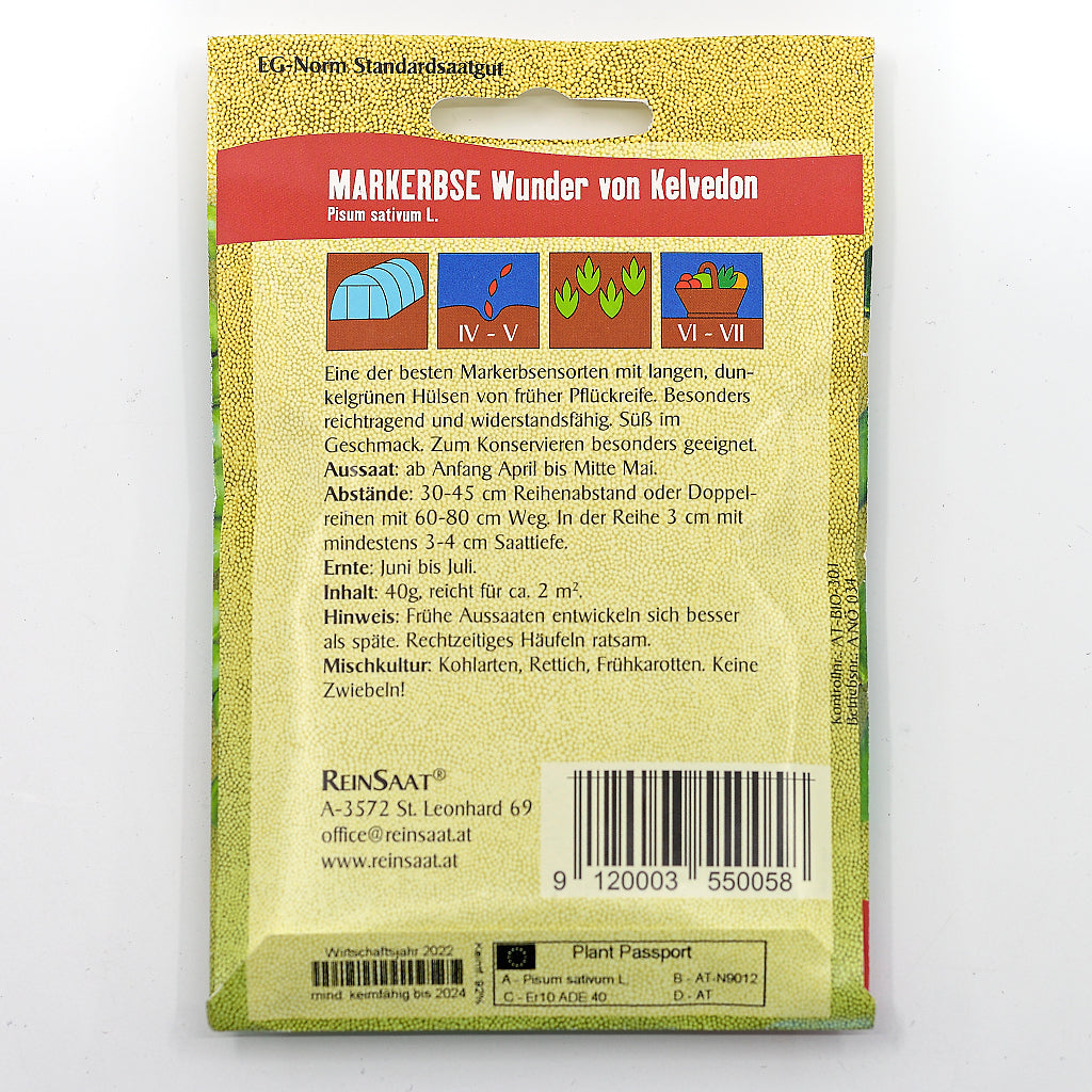 Portionstüte Rückseite, Bio-Saatgut von Markerbse 'Wunder von Kelvedon' mit Beschreibung