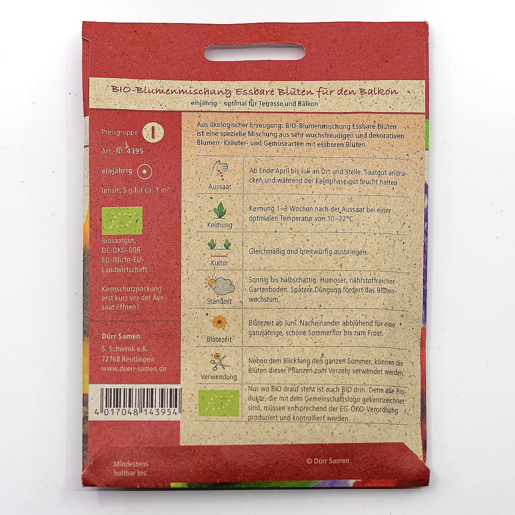 Bio-Saatgut-Mischung Essbare Blüten mit Kornblume, Ringelblume, Kapuzinerkresse, Borretsch
