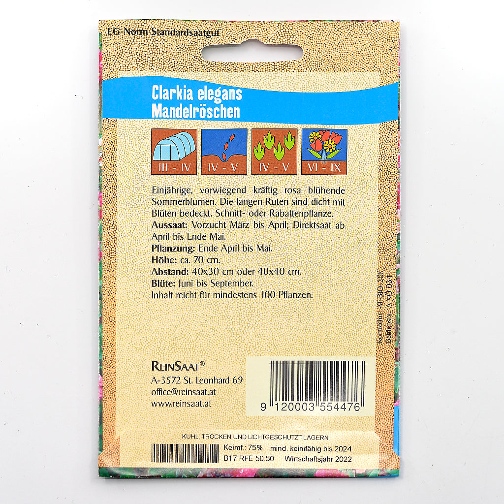 Portionstüte, Rückseite mit Beschreibung Bio-Saatgut Mandelröschen mit lila bis rosa Blüten