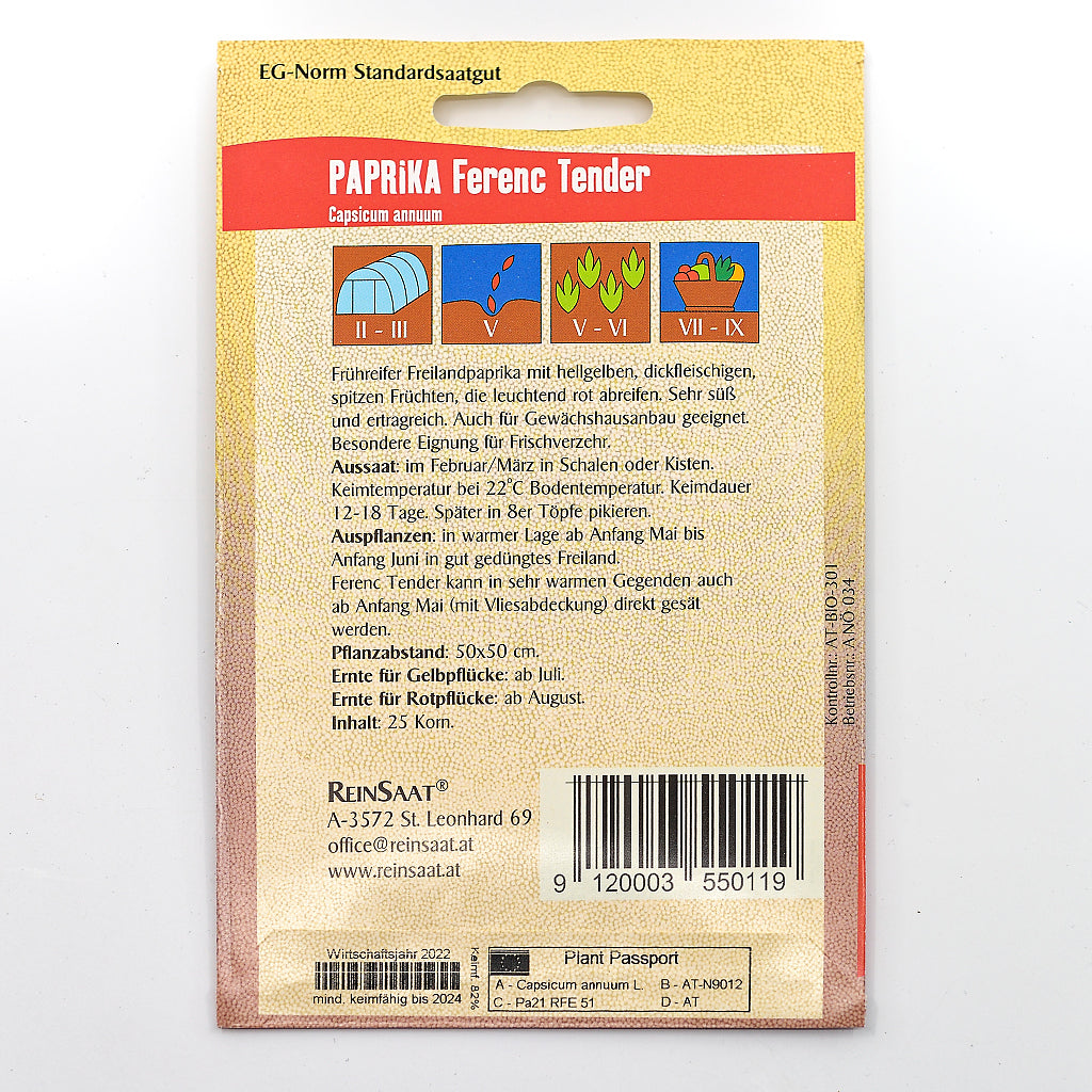 Portionstüte Rückseite Bio-Saatgut von Freilandpaprika 'Ferenc Tender' mit Beschreibung