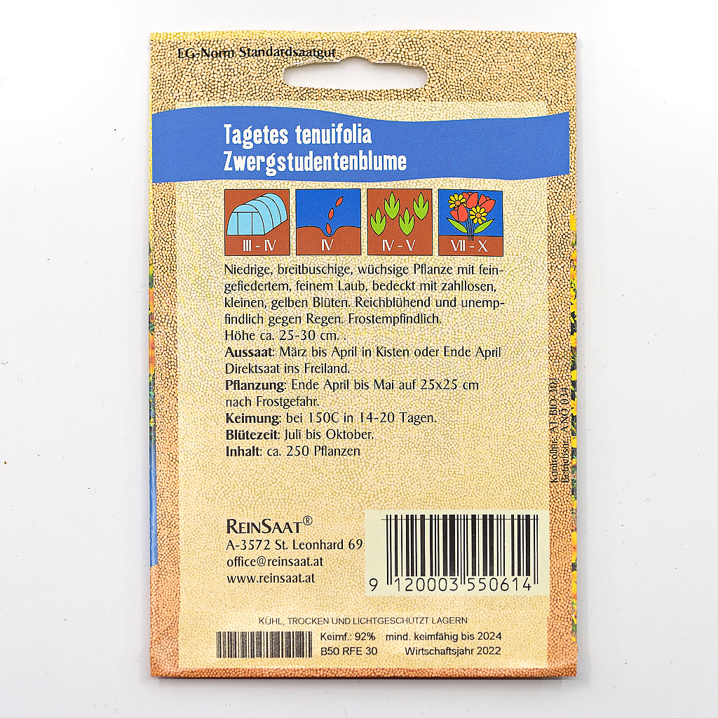 Portionstüte Rückseite, samenfestes Bio-Saatgut von Zwergstudentenblume
