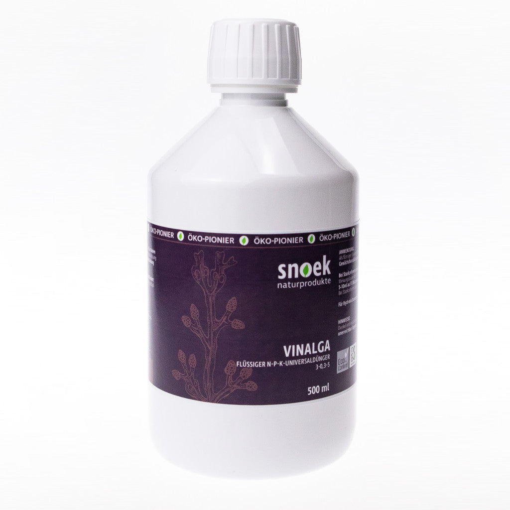 Produktbild, pflanzlicher "Vinalga Universaldünger" aus Flüssigalgen, 0,5 Liter